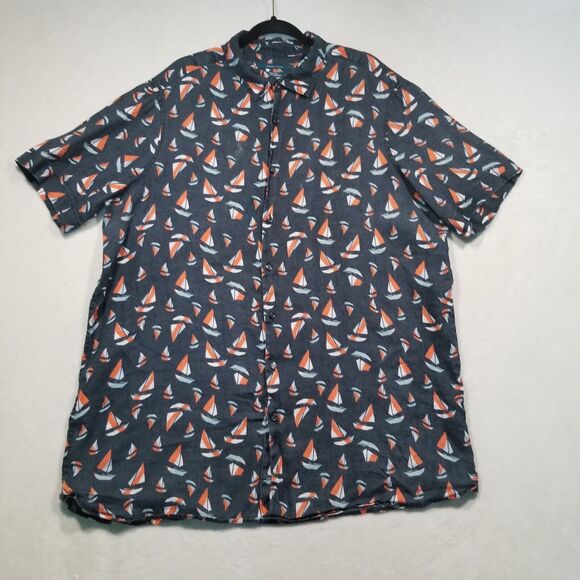 Perry Ellis Mens XLT Tall 100% Linen Shirt Sail Boat Print Navy Blue Camp Beach - Picture 1 of 10